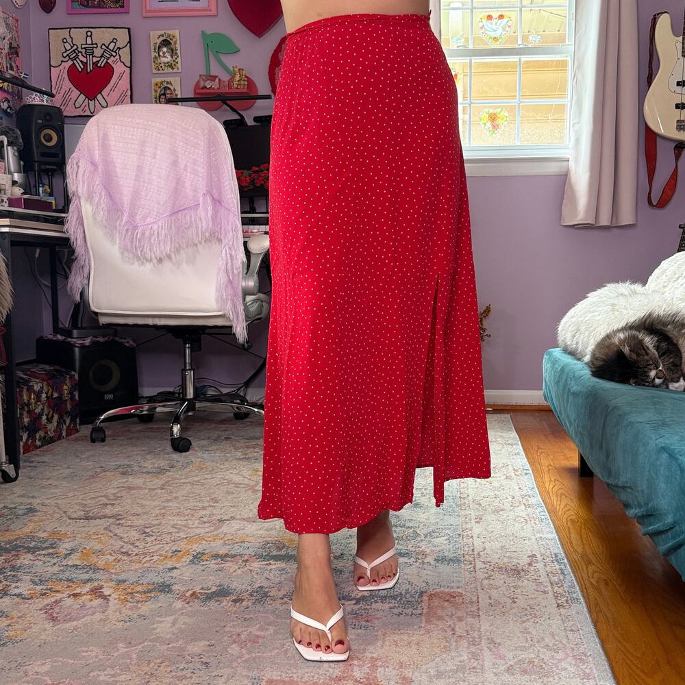 Vintage 80s/ 90s red and white retro polka dot maxi skirt